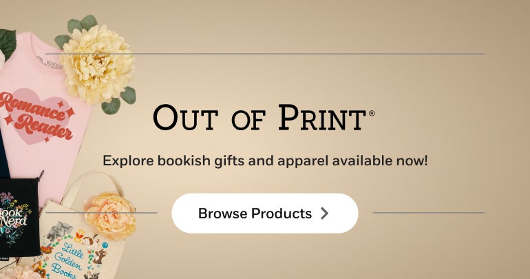 Click to Browse Out of Print products. Background is various decorative book-themed items are arranged on the left side, including book covers, tote bags, and flowers, set against a plain beige background.