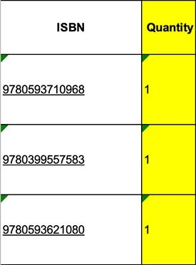 Close-up of an Excel spreadsheet showing the ISBN/UPC column and Quantity column. 